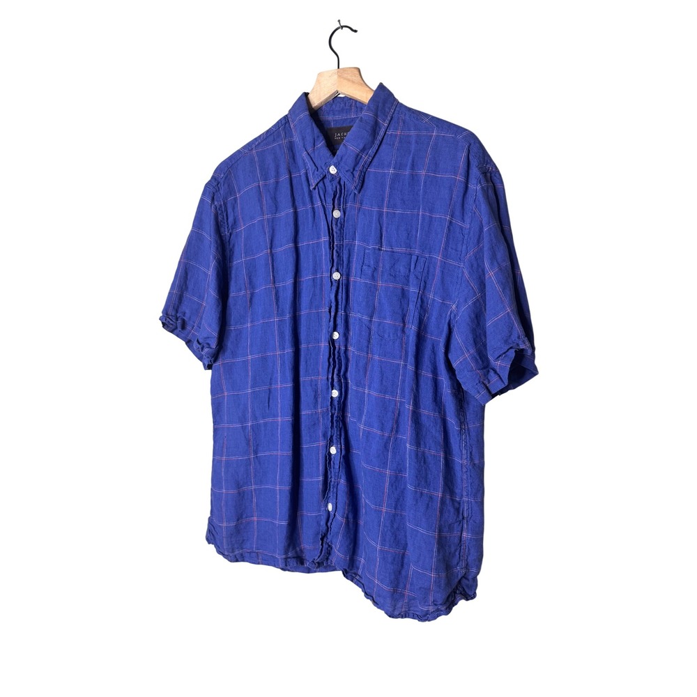 JACHS New York Linen Shirt Men XL Blue Windowpane Plaid Short Sleeve Classic Fit